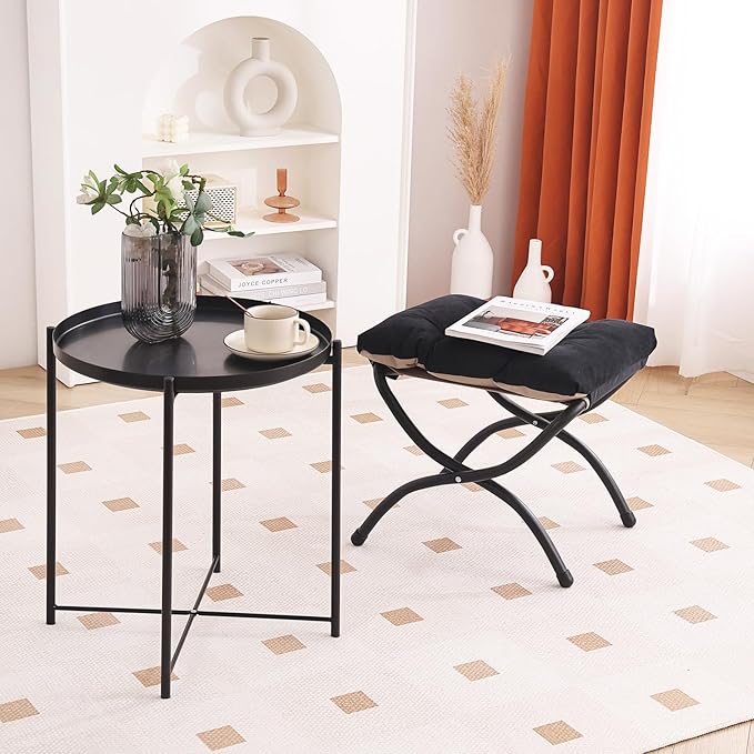 LITA Folding Upholstered Footrest Stool, Modern Small Portable Accent Ottoman with Detachable Thick Cotton Cushion Padded Sofa Stool with Metal Frame for Lazy Chair, Living Room & Bedroom, Black