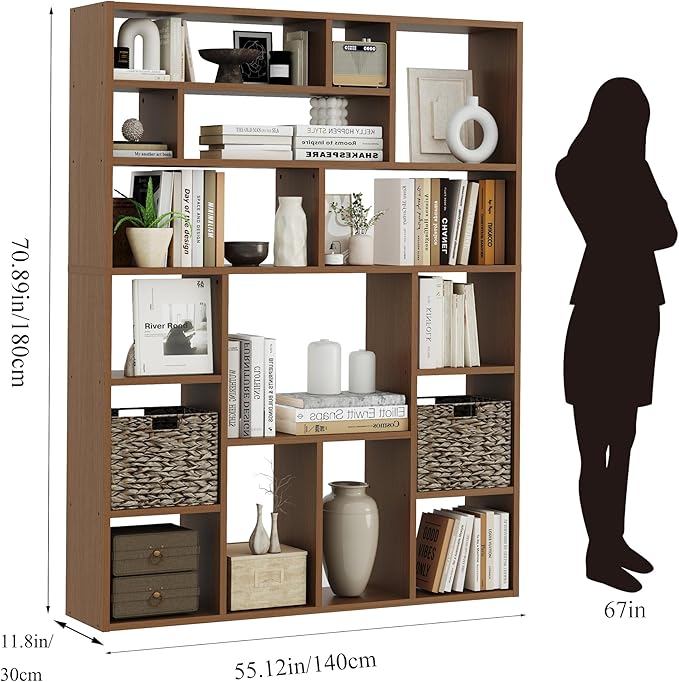BLANKSPACE 71" H Large Bookcase with 6 Open Shelves & 2 Foldable Baskets - Heavy Duty Storage Bookshelf for Home Office, Living Room, Freestanding Organizer, Yili Oak