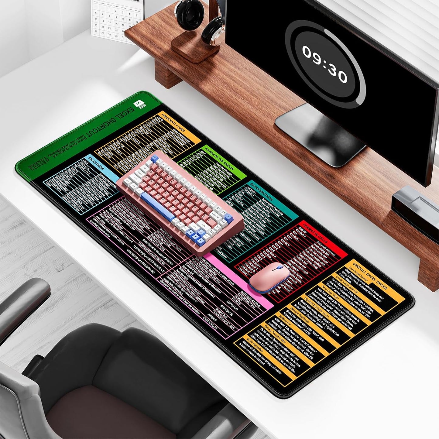 Auhoahsil Large Mouse Pad, XXL Gaming Mousepad, Desk Mat for Desktop, Thick Rubber, Big & Long Size, Stitched Edges, Full Desk Pad for Laptop & Computer, Extended 35.4 x 15.7 in, Excel Shortcut Keys