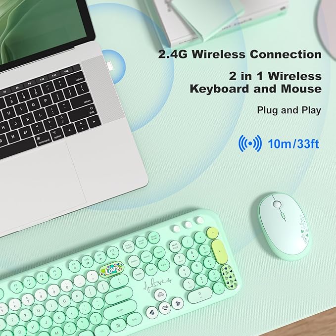 MOFII Wireless Keyboard and Mouse Combo, Cute Full Size Retro Typewriter Keyboard and Wireless Mouse, 2.4GHz Set for PC/Desktop/Laptop/Windows (Green Colorful)