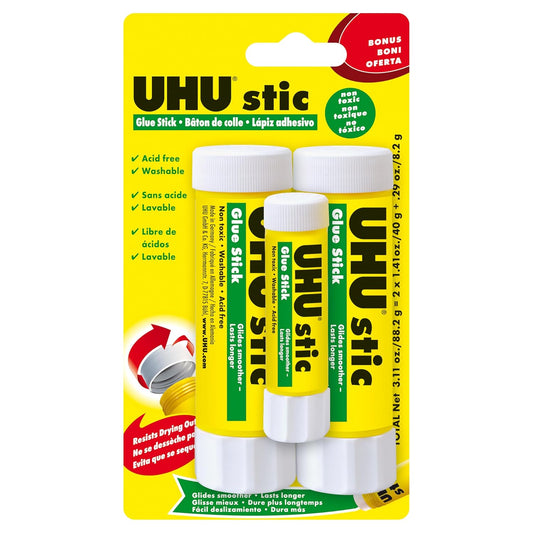 UHU Stic, Glue Stick Solvent Free, Washable, Screw on Cap, for School, Crafts, Scrapbooking 2 x 40g + Bonus