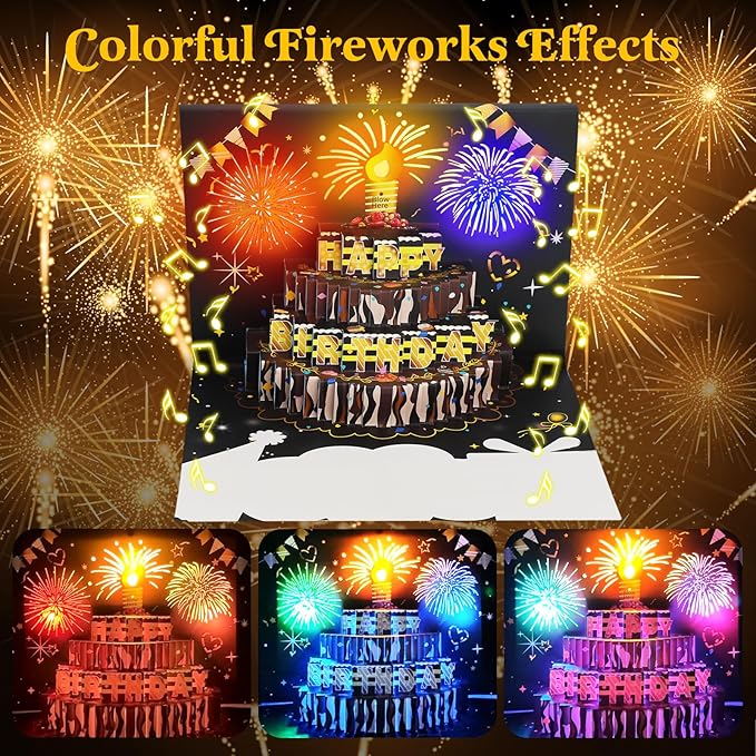 3D Pop-Up Birthday Card with LED Lights & Blowable Candle – Interactive Music Greeting Card for Women, Men, Kids Black