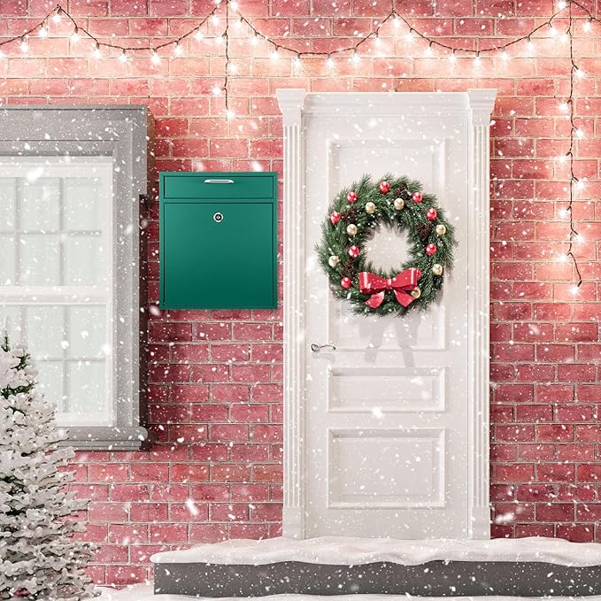 Locking Mailbox with Key for Outdoor 12 x 10.5 x 4.7 Inches Large Wall Mount Mail Box with Lock Security Mail Drop Metal Collection Boxes Hanging Secure Postbox(Green)