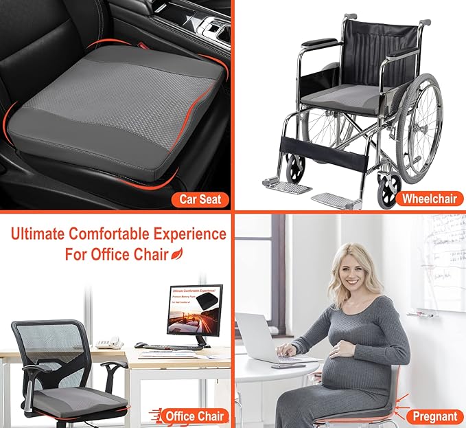 Car Seat Cushion, Comfort Memory Foam Car Cushions for Driving - Sciatica & Lower Back Pain Relief, Driver Seat Pillow for Auto, Office Chair, Wheelchair - Dark Grey