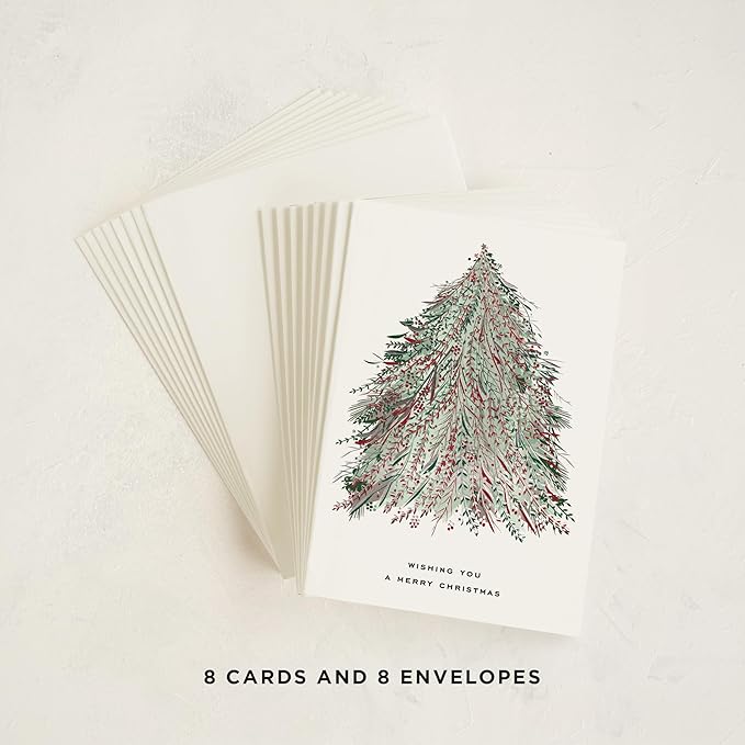 Minted Enchanted Christmas Cards, 8 Cards with 8 White Envelopes, Holiday Card with Timeless Christmas Tree Design, Folded 5x7 Card, Silver Foil-Pressed, Luxurious Paper, Interior Message Included