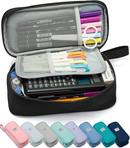 Pencil Case Pouch Box Bag School Supplies Girls Boys Kids, Cute Preppy Stuff Large Big Capacity Aesthetic Pen Organizer, Back to College Stationary, Black, Classic Stlye, 1800ml