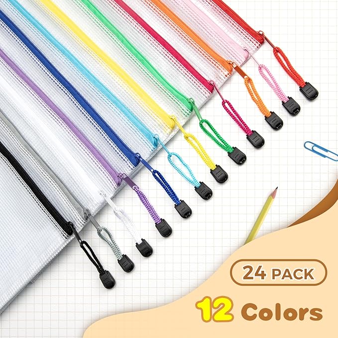 Umriox 24 Pack 12 Colors Zipper Pouches for Organizing, A3 Size (16.9 x 12.4), Big mesh Bags,Zipper Bags for Puzzles & Board Game Storage, Office Supplies Travel Toiletries
