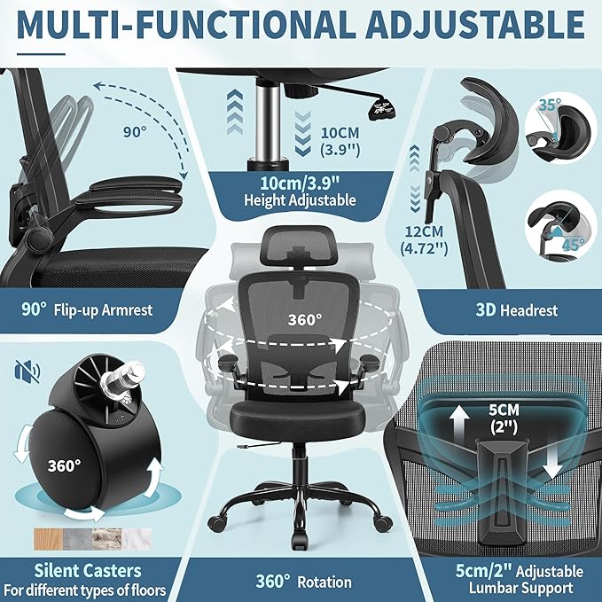 FelixKing Ergonomic Office Chair, Headrest Desk Chair with Adjustable Lumbar Support, Home Office Swivel Task Chair with High Back and Armrest, Adjustable Height Gaming Chair(Black)