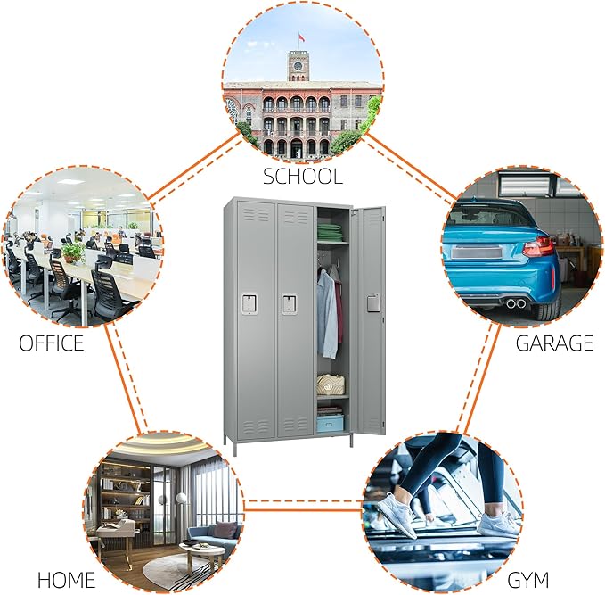 Metal Storage Locker with 3 Doors,Metal Locker for Employees with 9 Hooks for School Garage Office Gym Home,Assembly Required,Light Grey