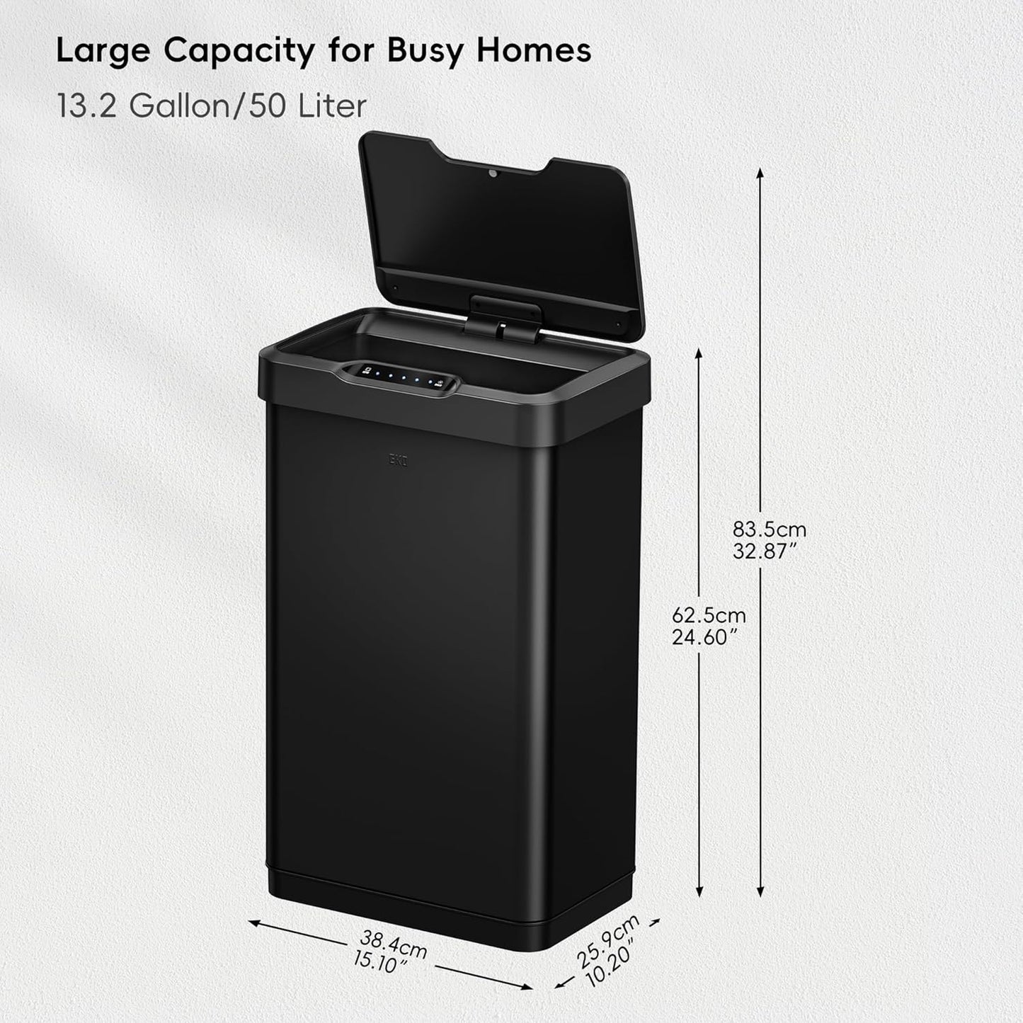 EKO Mirage-T 50 Liter / 13.2 Gallon Touchless Rectangular Motion Sensor Trash Can, Brushed Stainless Steel Finish (Matte Black)