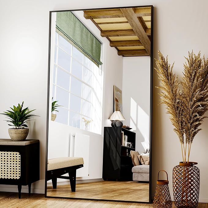 Full Length Mirror with Stand - 38"x77" Full Body Mirror for Floor, Wall Hanging or Leaning - Aluminum Alloy Frame for Living Room, Bedroom, Cloakroom - Black