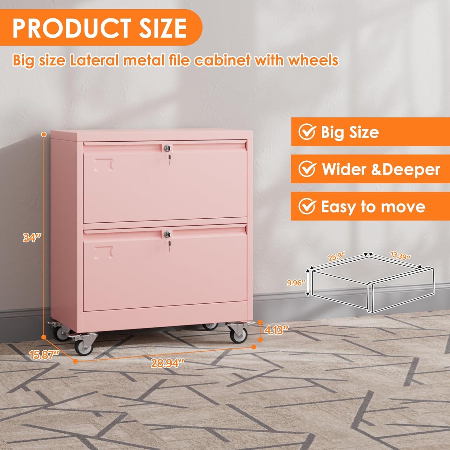 METAN Upgrade 2 Drawers Lateral File Cabinet on Wheels,Steel Office Filing Storage Cabinet with 2 Locks,Assembly Required,Pink