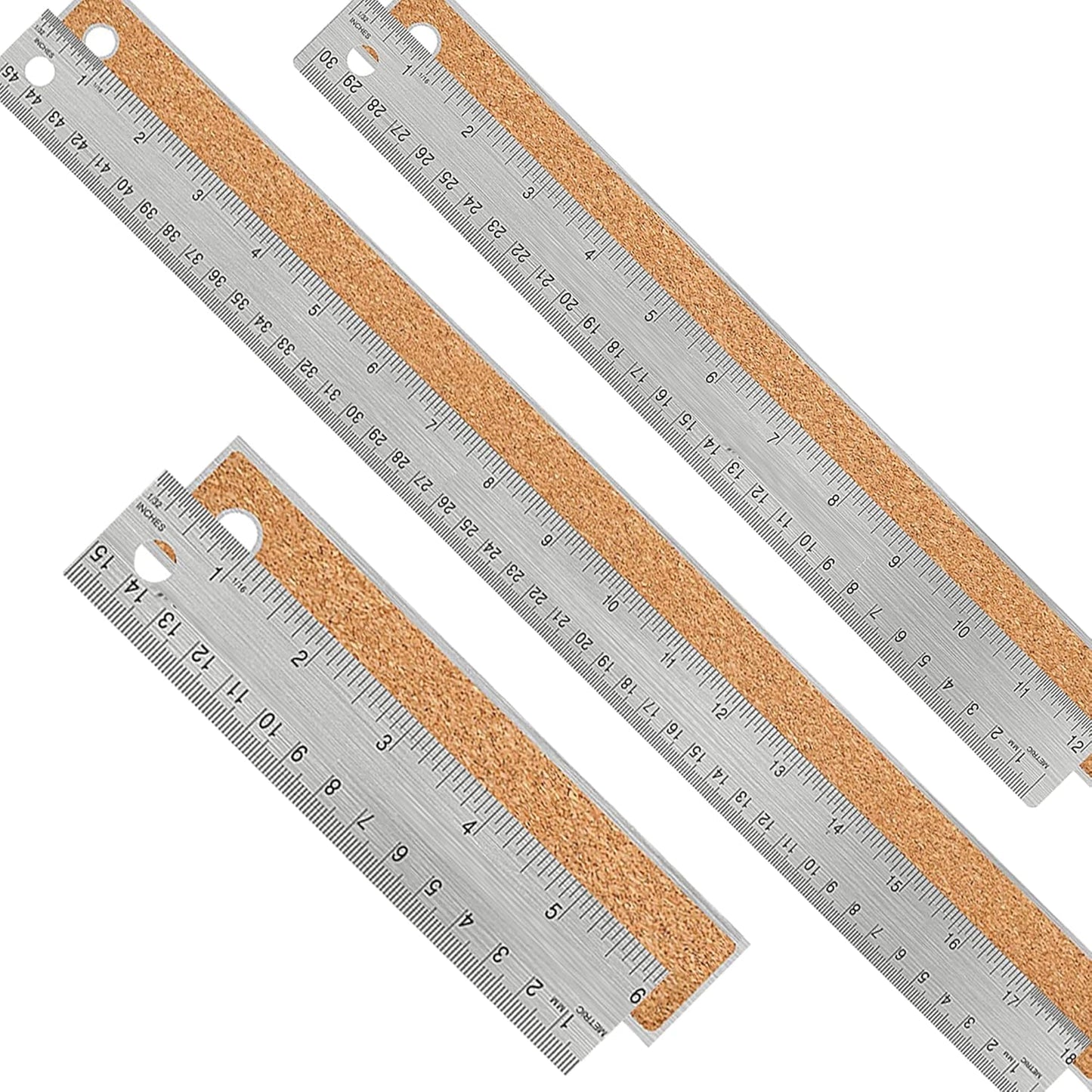 Metal Ruler Set [6+12+18 Inch] – Stainless Steel Rulers with Cork Backing, Non-Slip Measuring Tools with Inch & Centimeter Markings, Drafting and Office Use, Prevents Ink Leakage