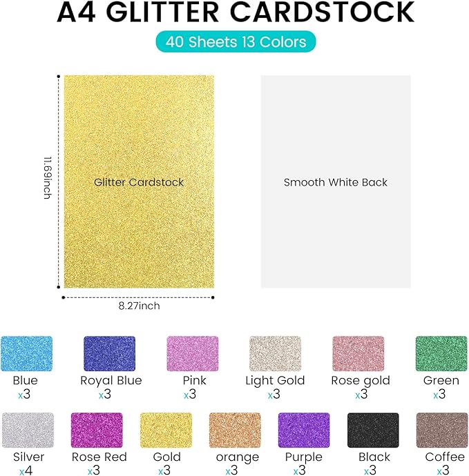 40 Sheets 300GSM HTVRONT Glitter Cardstock Paper - 13 Colors Glitter Card Stock, 110lb Cover A4 Thick Glitter Cards for Craft, Birthday, Scrapbook, Wedding, Sparkly Paper, Card Making