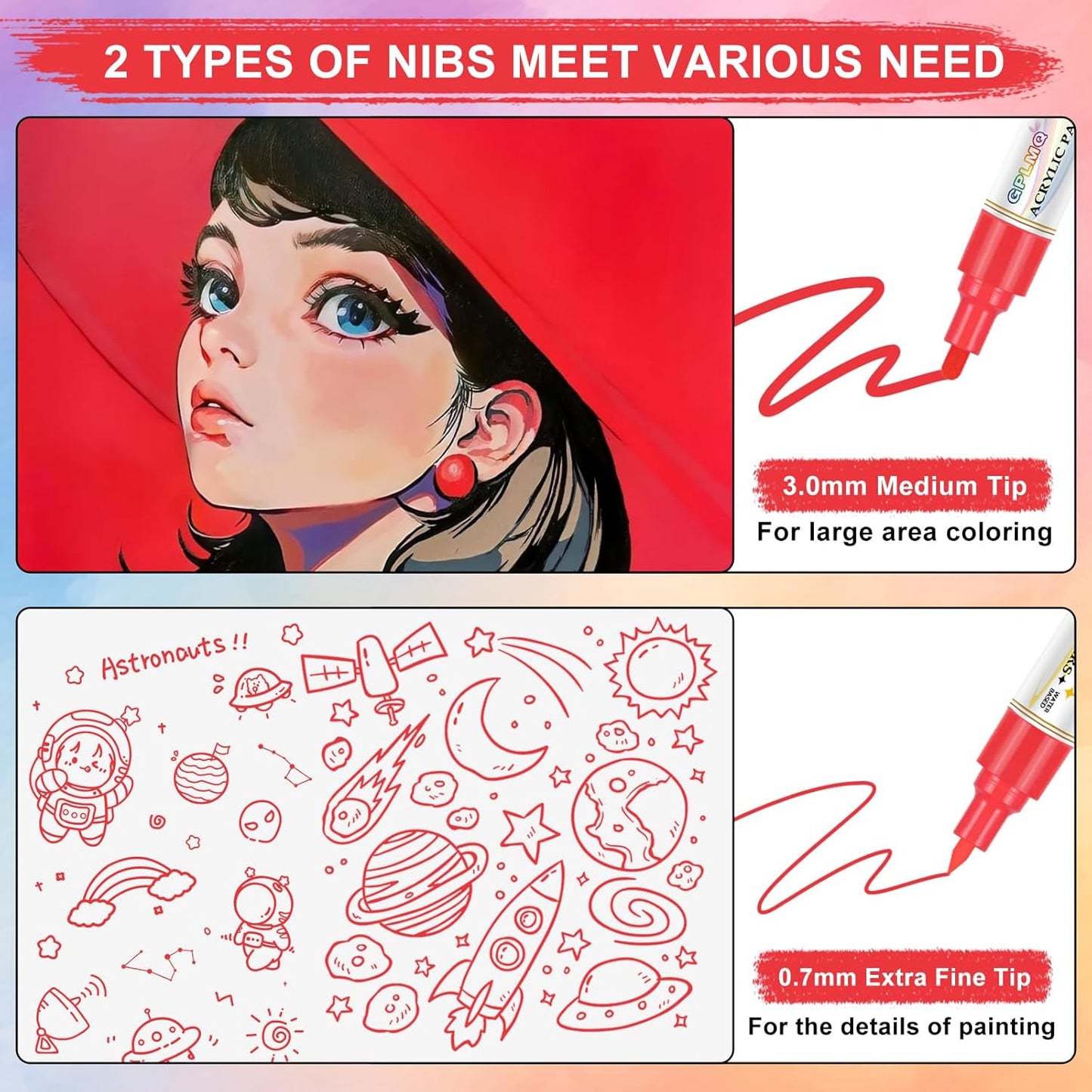 Paint Markers Paint Pens - 2 Pack Dual Tip Acrylic Permanent Marker (0.7mm & 3mm), Non-Toxic, Water-Based for Art Painting, Stone, Ceramic, Glass, Wood, Fabric, Metal, DIY Crafts (Red)