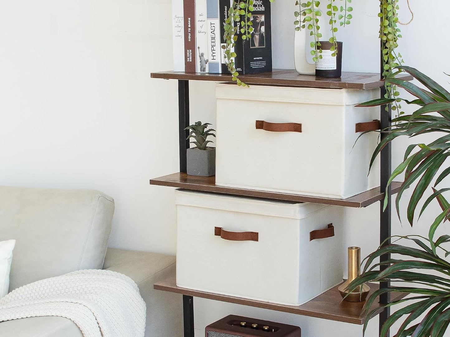 StorageWorks Fabric Storage Bins with Lid, Decorative Storage Boxes for Shelves, Stackable Closet Organizer Basket with Handles, Large, Ivory White, 2-Pack