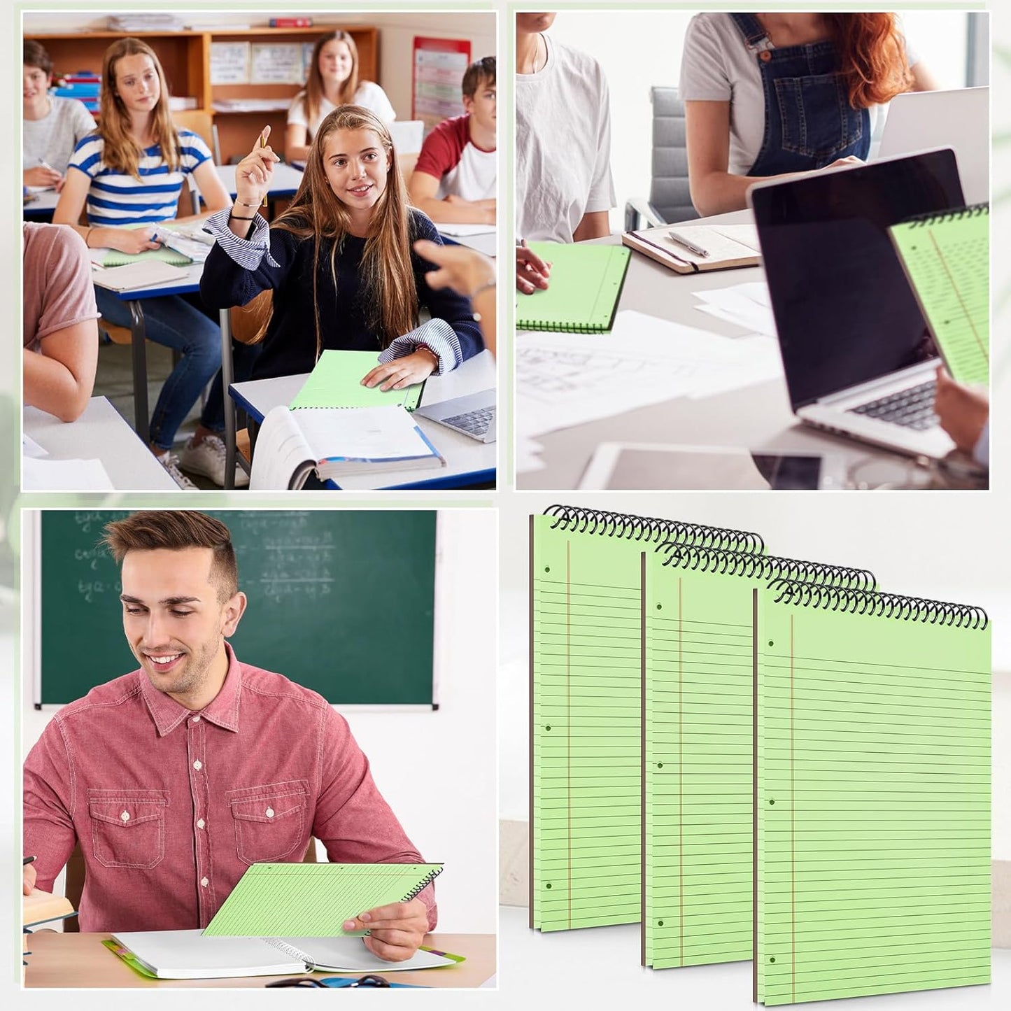 3 Packs 8.5" x 11" Top Spiral Notebook with 3 Hole Punched Legal Pads College Ruled Notepad 50 Sheets Hard Cardboard Paper Wirebound Notepad for Office School Business (Green)
