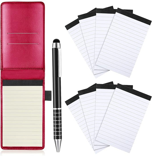 Outus 10 Pcs Pocket Notebook with Pen Set Included Mini Pocket Notepad Holder with 50 Lined Sheets, Metal Pen, 8 Pcs 3 x 5 Inch Memo Book Refills, 30 Lined Paper Per Note Pad (Rose Red)