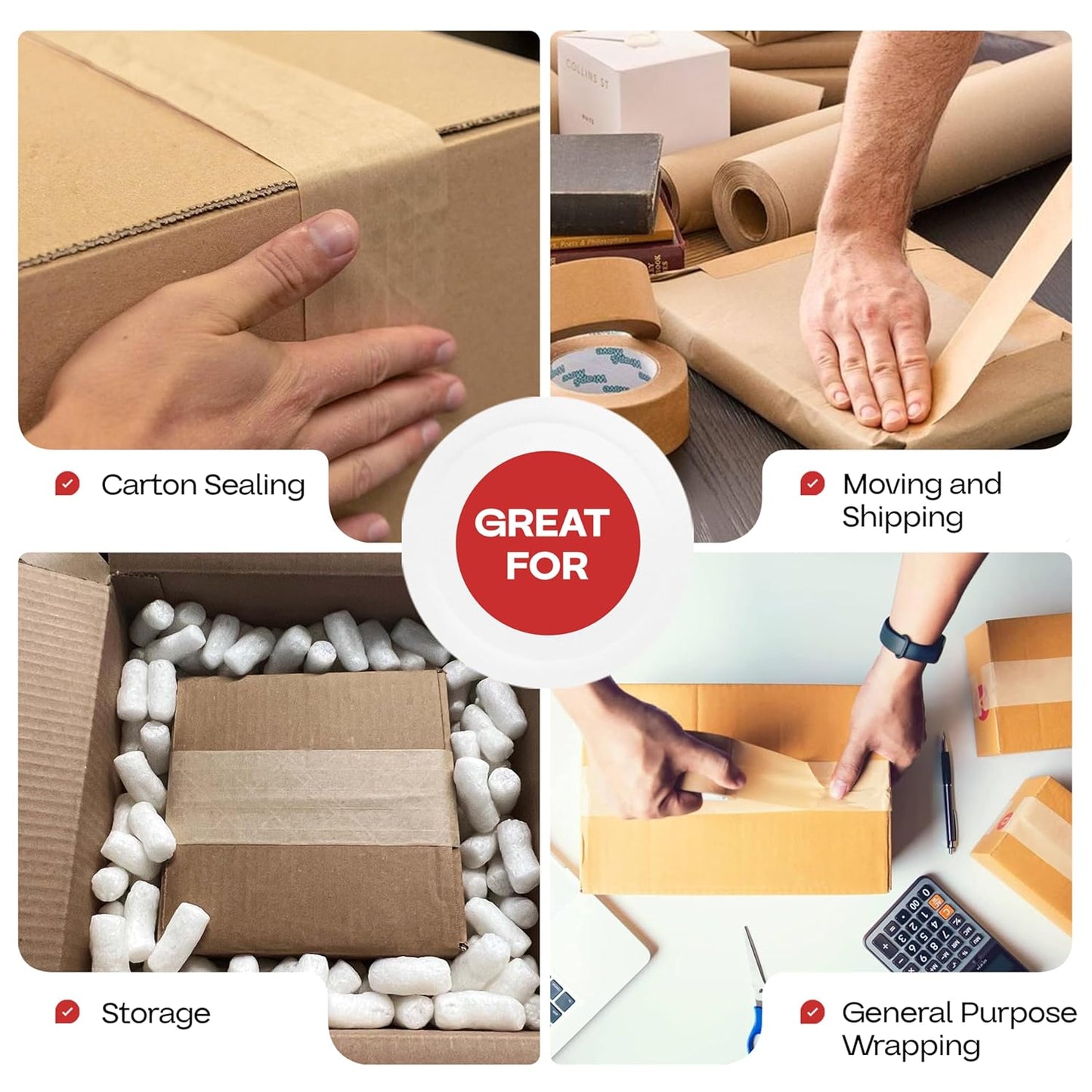 IDL Packaging 2.83" x 450 feet Reinforced Water-Activated Kraft Gummed Tape 30lb Thickness - Secure Paper Packing Tape for Secure Carton Sealing - Heavy-Duty Adhesive for All Conditions, Brown