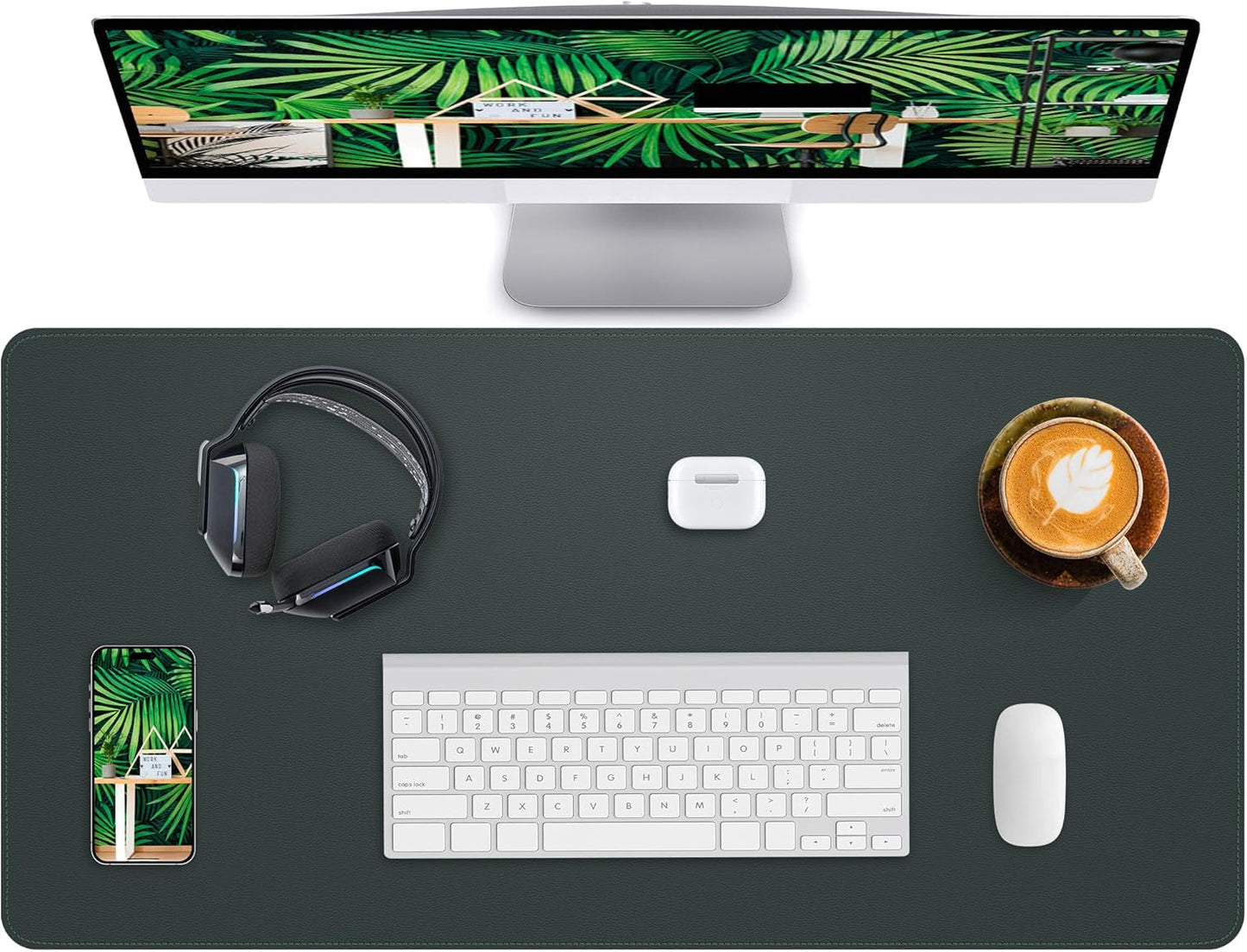 Leather Desk Pad Protector, Large Desk Pad Mat, Office Desk mat,Waterproof Non-Slip PU Leather Desk Blotter,Desk Accessories for Home/Decor(Dark Green, 55" x 17")