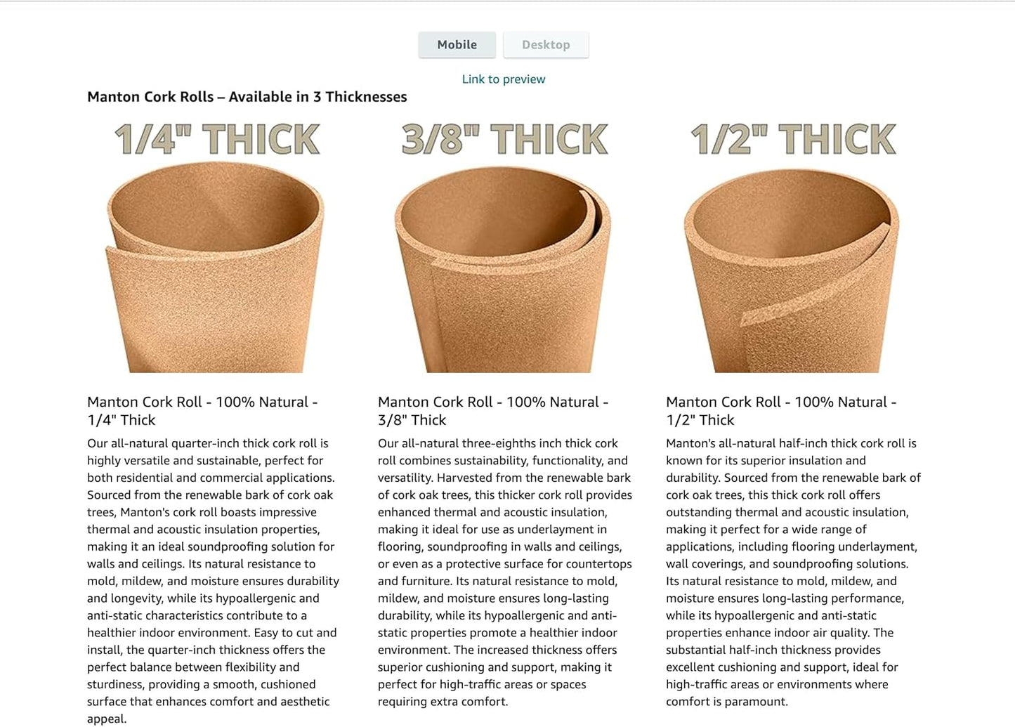 Manton Cork Premium Cork Roll - 4' x 8' x 3/8", 100% Natural Facing Grade Material for Bulletin Boards, Decorative Photo and Message Push Pin Displays - Perfect for Home, School, and Office