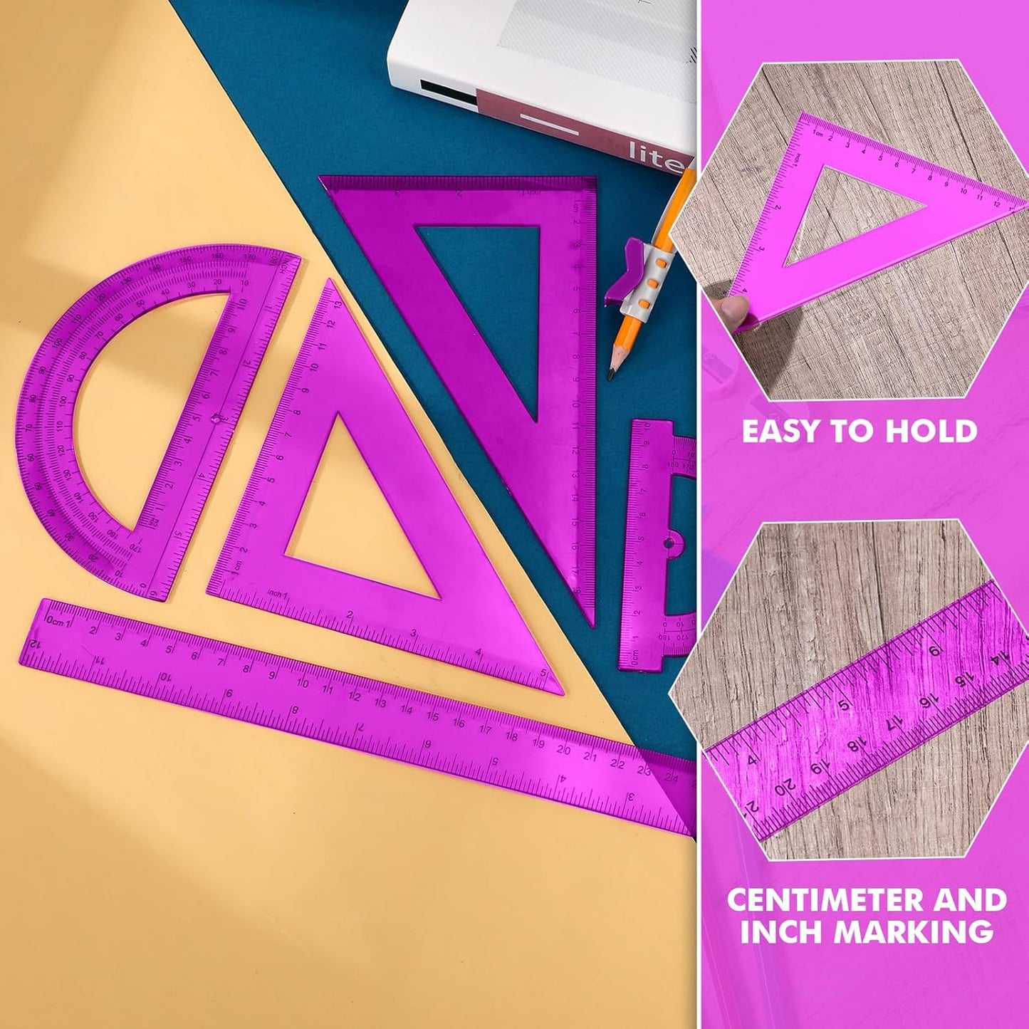 Tenare 6 Pcs Plastic Ruler Math Set Includes 12 Inch 6 Inch Straight Protractor Triangle Geometry Transparent Math Ruler Measuring Tools for School Office Home(Purple)