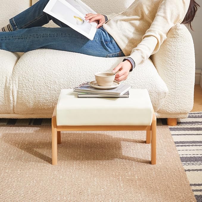IBUYKE 10.2” H Small Foot Stool Ottoman, Rectangle PU Faux Leather Foot Rest with Padded Seat and Wood Legs, Modern Accent Ottoman Foot Rest for Living Room Bedroom Couch Office, White WBD013W