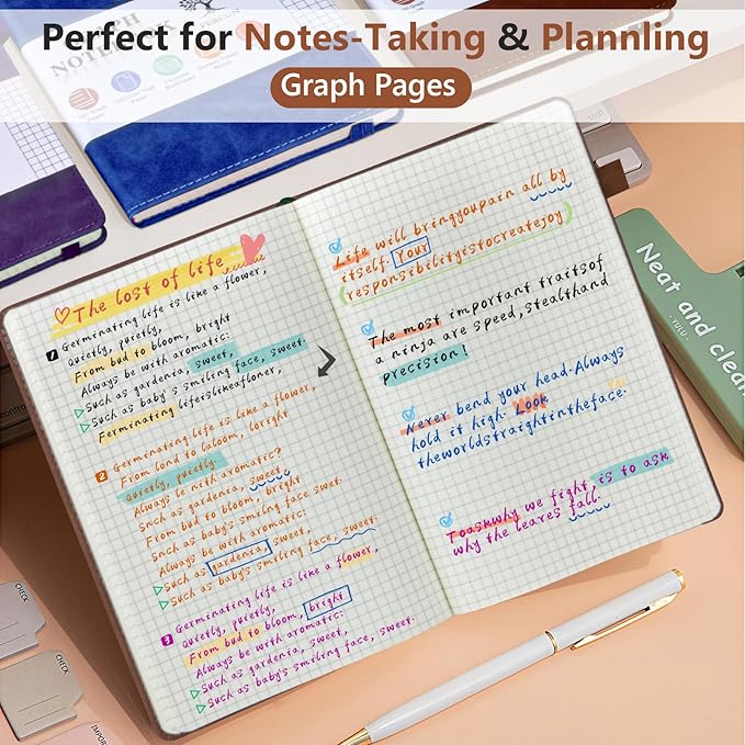 PERCUN Graph Paper Notebook, 160 Pages Grid Journal for women & men, A5 Hardcover Leather Graphing Notebook for School, Work, Travel, Note Taking 5.9”x8.5” (Brown)