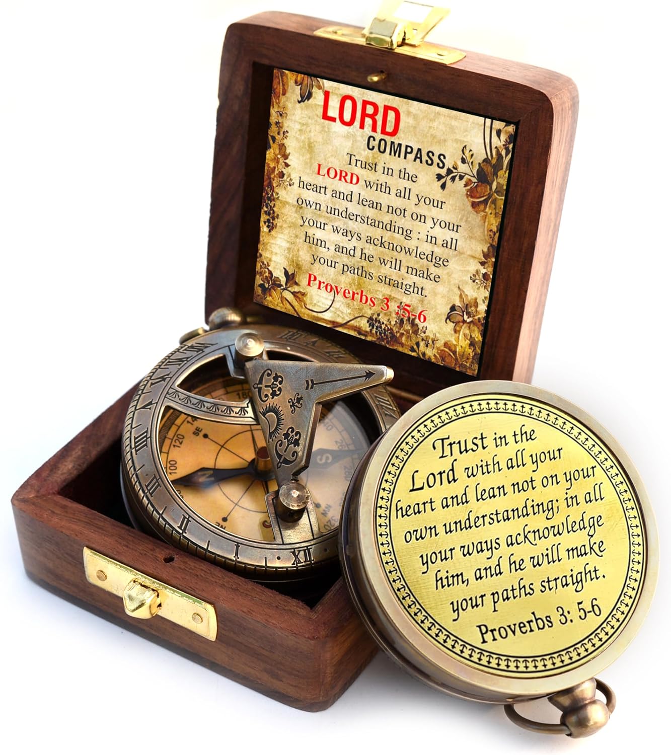 Trust in The Lord With All Your Heart - Proverbs 3:5-6 Quote Engraved Compass With Wooden Box, Greeting Card, Gift Compass, Graduation Day Gifts 2024 for Women Men Boys Girls