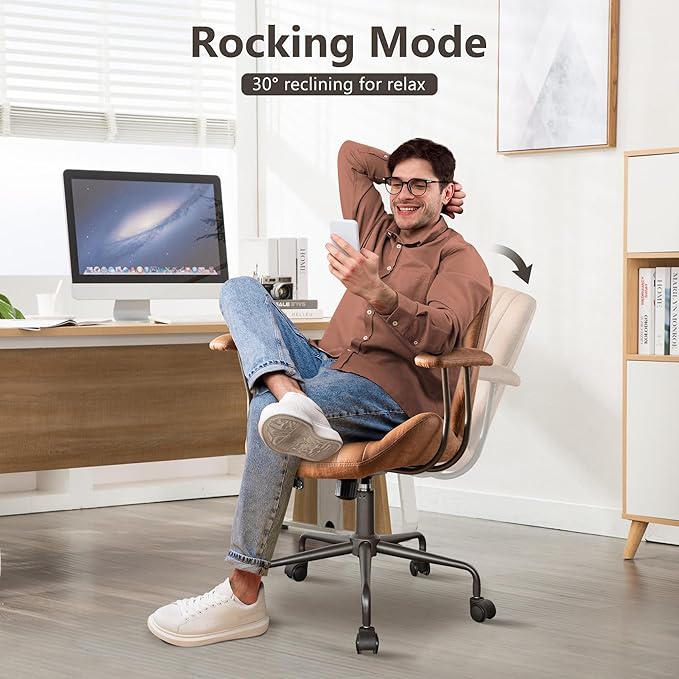 Mid Century Modren Office Chair - Mid Back Swivel Executive Chair with Lumbar Support,Ergonomic Computer Desk Chair with Wheels,Faux Lether Suede Task Chair,350lbs (Brown, Mid Back)