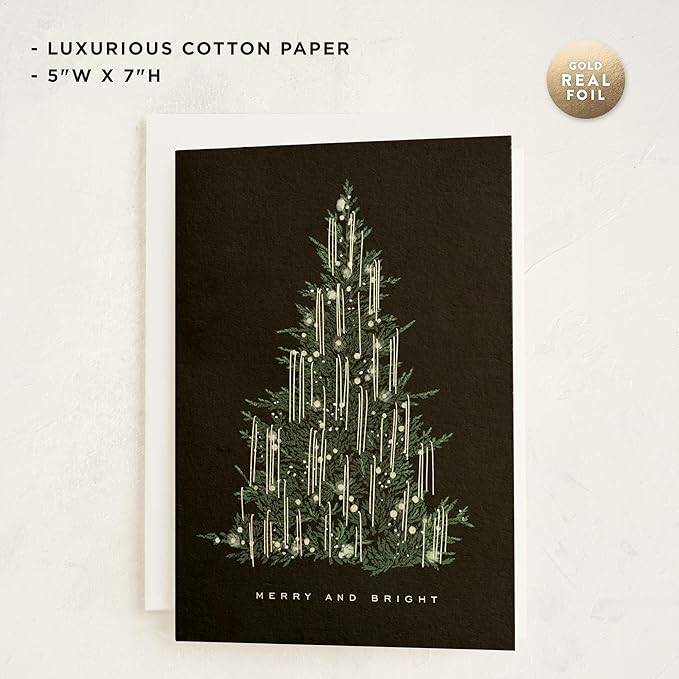 Minted Tinsel Tree Christmas Cards, 8 Cards with Envelopes, Folded 5x7 Holiday Card with Elegant Christmas Tree, Hanging Tinsel & Lights Design, Gold Foil-Pressed, Luxurious Paper, Interior Message