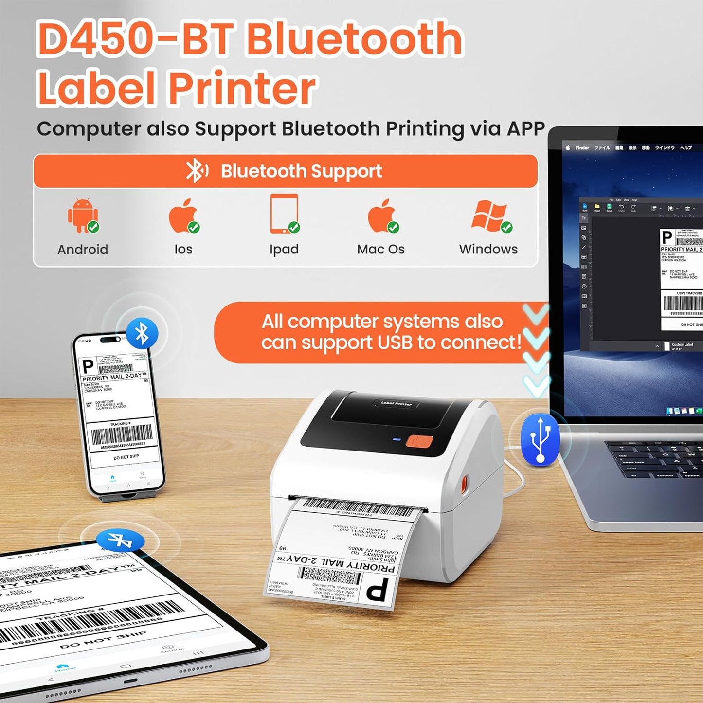 Bluetooth Thermal Shipping Label Printer - D450BT Thermal Label Printer 4x6 for Small Business & Shipping Packages, Compatible with iPhone, Android, iPad, Windows, macOS, Chrome, USPS, Amazon