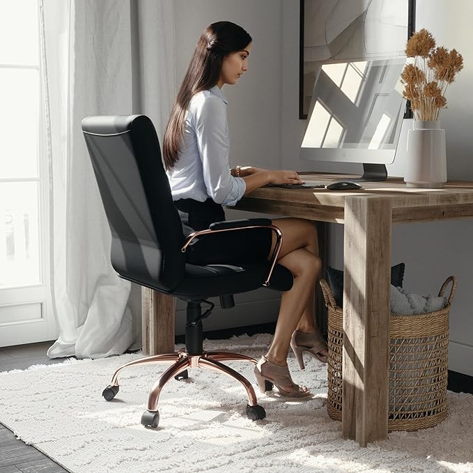 Flash Furniture Whitney Mid-Back Swivel LeatherSoft Desk Chair with Padded Seat and Armrests, Adjustable Height Padded LeatherSoft Office Chair, Black/Rose Gold