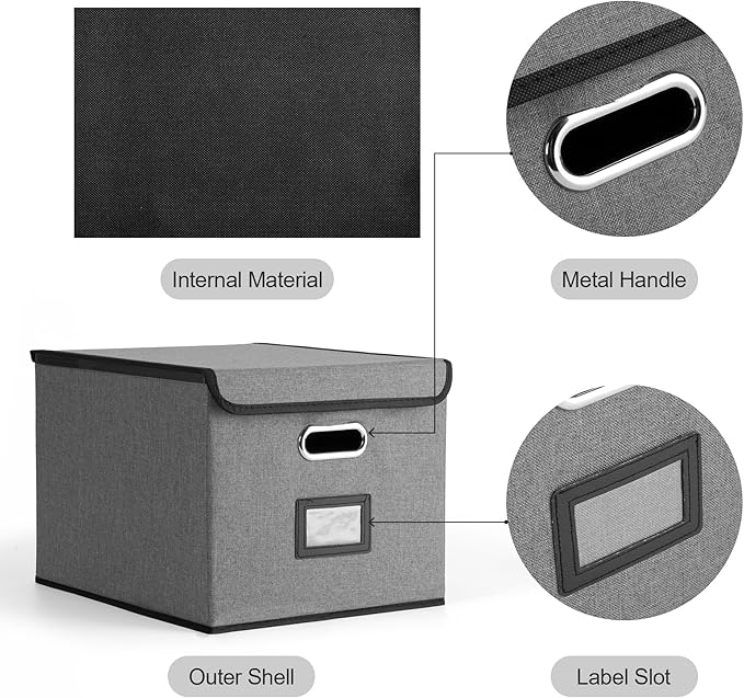 File Organizer Box with Lid, Collapsible File Folder with Plastic Slide for Office/Decor/Home, Hanging Office Document Storage, 14.96 x 12.6 x 10.83 inch，1 pack - without folders，Gray