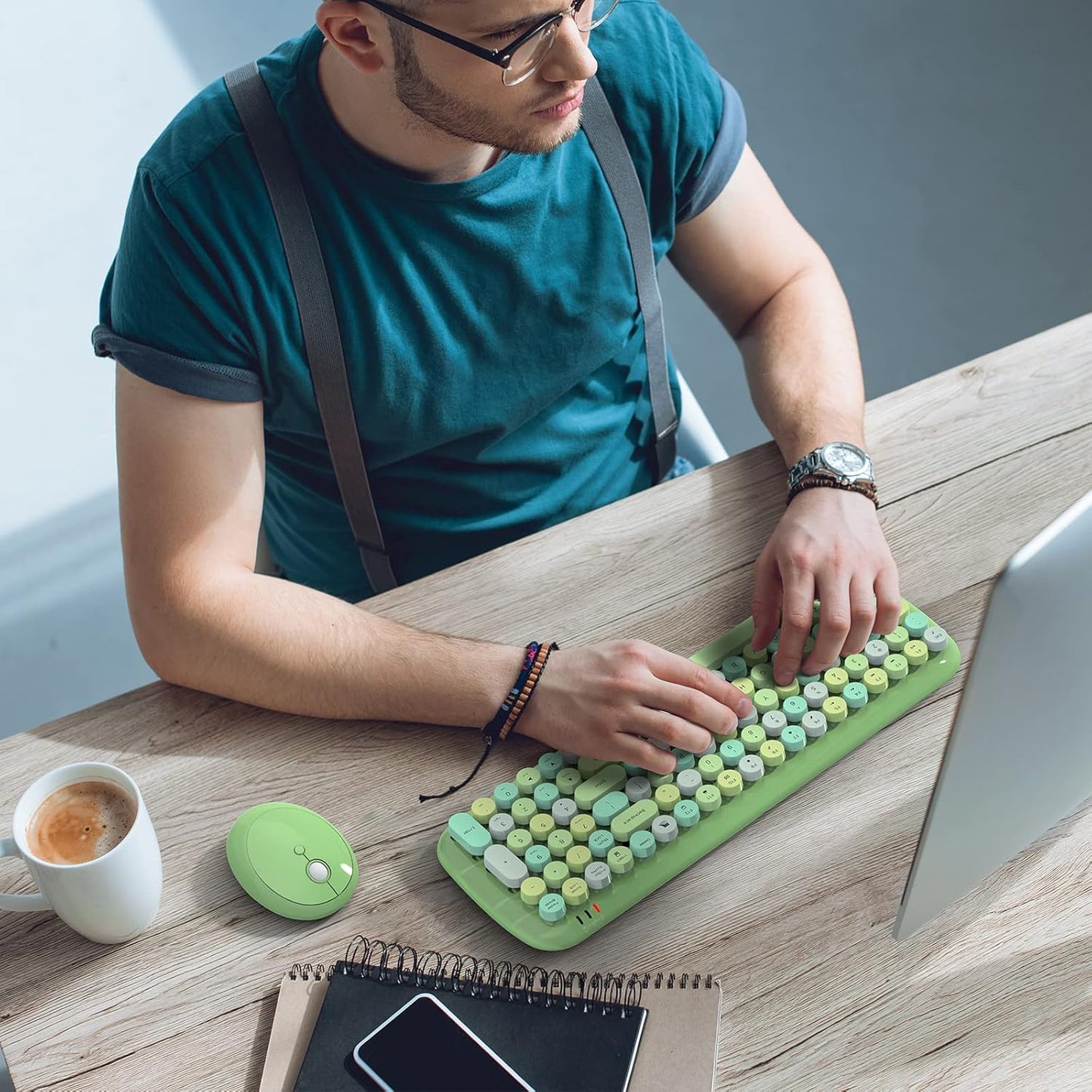 MOFII Wireless Keyboard and Mouse Combo, 2.4GHz Retro Typewriter Keyboard and Cute Mouse for Computer PC Desktops Laptop Windows(Green Mix)