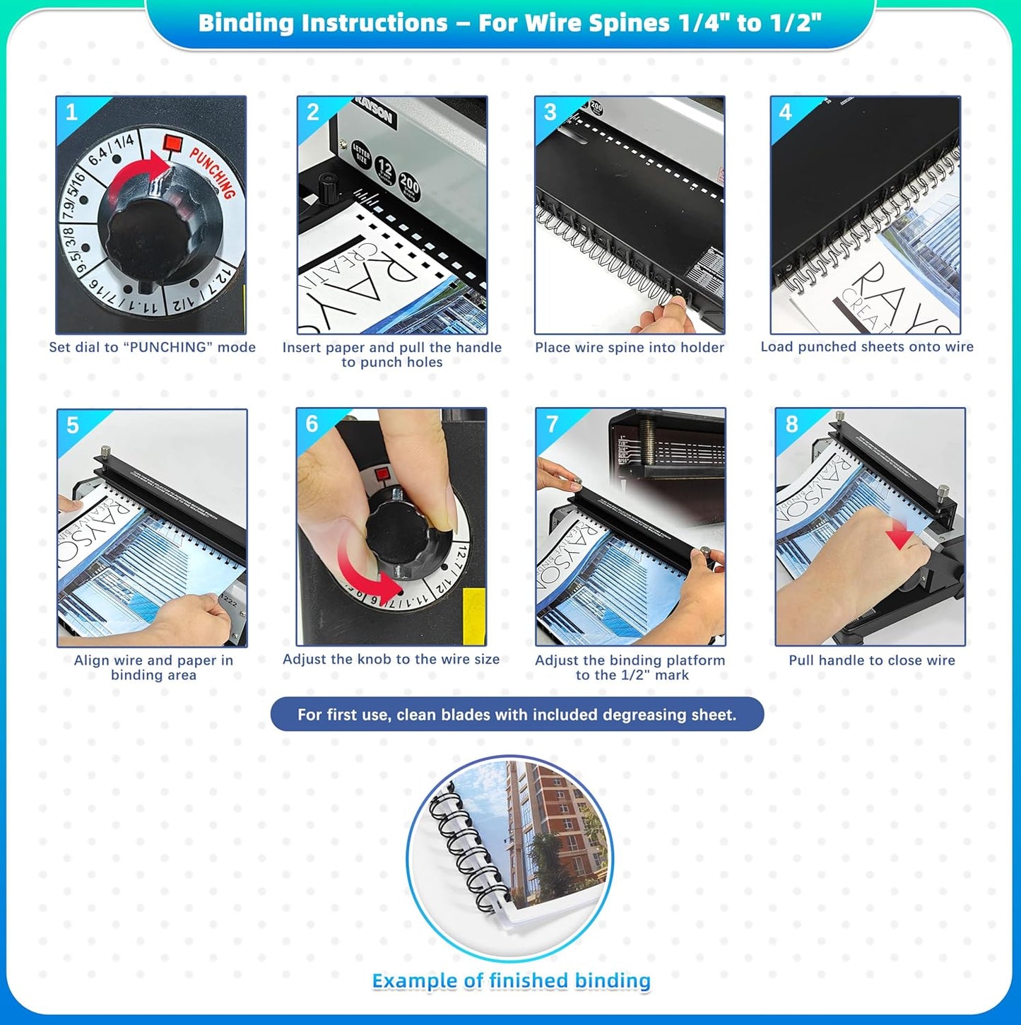 Rayson TD1222 Wire Binding Machine - 2:1 Pitch, Rectangular Holes, 220 Sheet Binding / 12 Sheet Punching Capacity