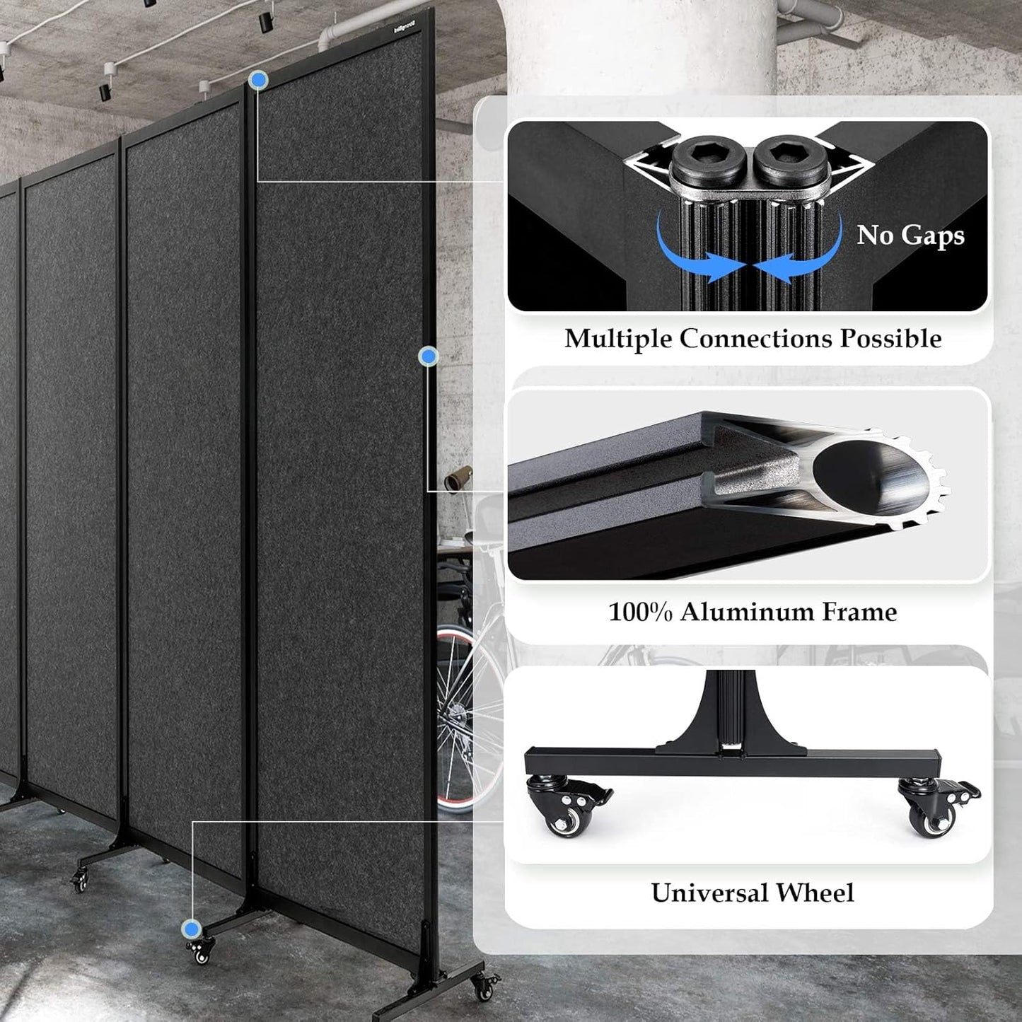 Upgrade Version Room Partition and Divider, Freestanding Rolling Dividers with Wheels,Office Privacy Screen Divider Wall,Classroom Felt Dividers,8'2"L* 6'7"H,4 Panel，Dark Grey