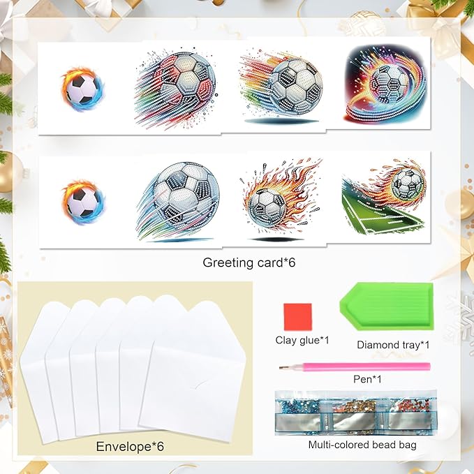 Tontut 6pcs Diamond Art Painting Kit Greeting Card, Football 5D DIY Diamond Handmade Holiday Sparkling Greeting Card with Envelope, Holiday Gift Congratulation