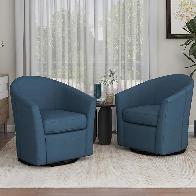 UIXE 360° Swivel Barrel Accent Chairs Set of 2, Modern Round Arm Chair Upholstered Club Armchair, Single Sofa Seating in Fabric for Living Room, Bedroom (Blue)