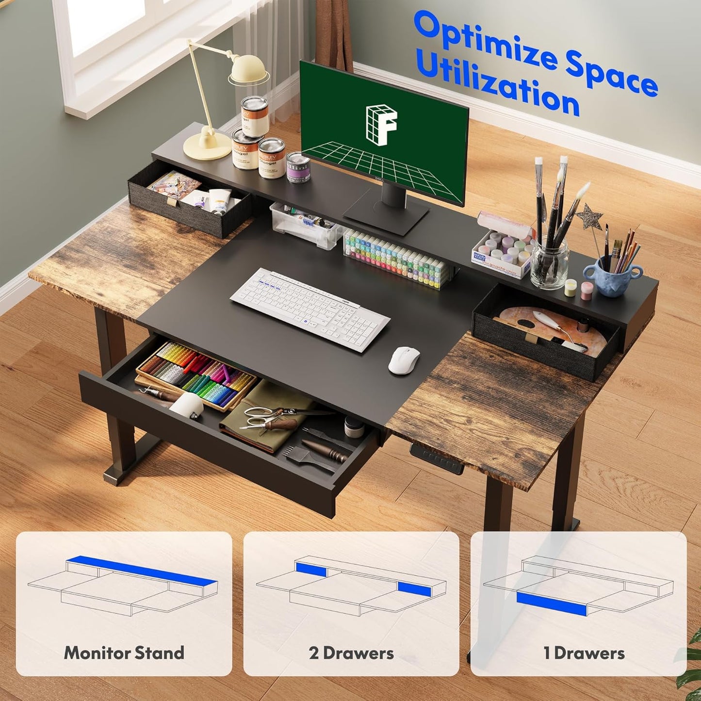 FLEXISPOT 4-Leg Standing Desk with Storage 71x32 in Electric Adjustable Height with 3 Drawers & Shelving Home Office Workstation (Black + Special Walnut Top)
