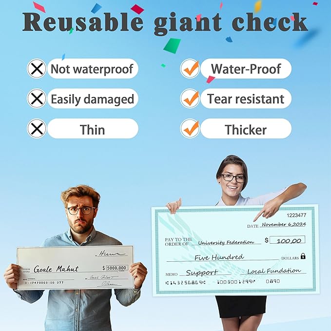 Reusable Large Check Big Check - 30" x 16" Giant Dry Erase Checks for Presentations, Novelty Oversized Blank Checks,Large Fake Checks for Donation, Awards,Fundraisers