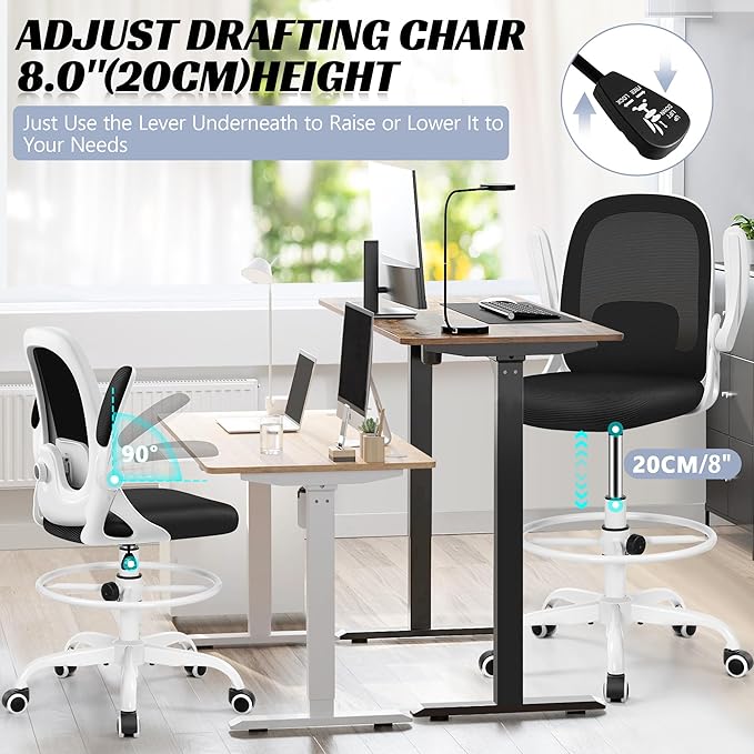Drafting Chair, Tall Office Chair Ergonomic Standing Desk Chair,with Adjustable Footrest Ring, 3D Lumbar Support, Flip-up Armrests, Swivel Desk Stool for Drawing Working (White)