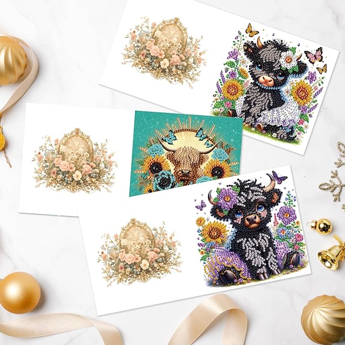 Tontut 6pcs Diamond Art Painting Kit Greeting Card, Sunflower Yellow Cow 5D DIY Diamond Handmade Holiday Greeting Card with Envelope, Holiday Gift Congratulation