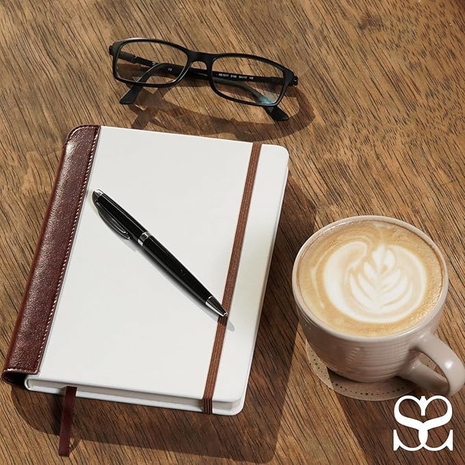 SETTINI® Lined Journal - Modern White Journal for Writing Gift Set - Hardcover Vegan Leather, Includes Luxury Pen in a Unique Pen Holder, 192 Pages, 6 x 8.5 inches, Birthday Gifts