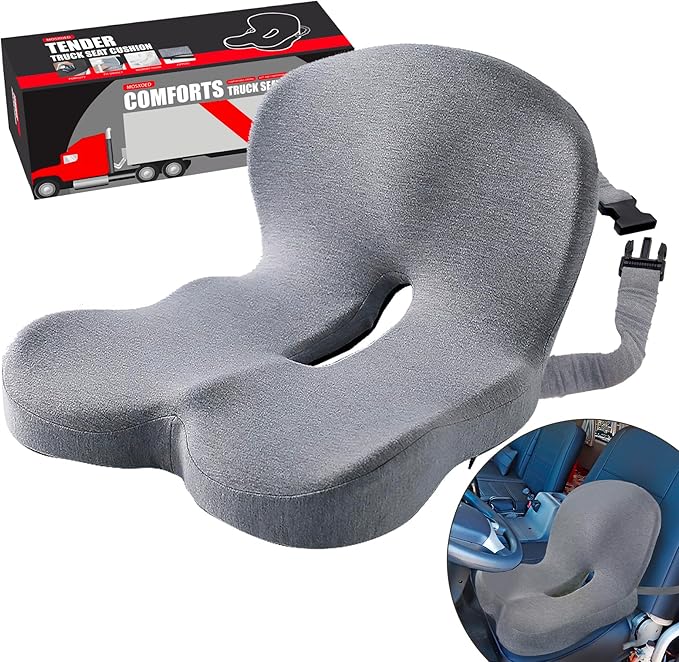 Seat Cushion for Truck Driver, Memory Foam Truck Seat Cushion with Adjustable Strap – Ergonomic Back Support & Sciatica Relief for Long Drives, Semi Truck Accessories, Light Gray