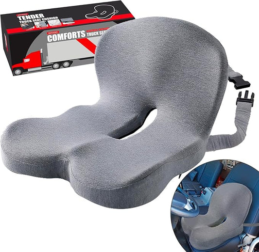 Seat Cushion for Truck Driver, Memory Foam Truck Seat Cushion with Adjustable Strap – Ergonomic Back Support & Sciatica Relief for Long Drives, Semi Truck Accessories, Light Gray
