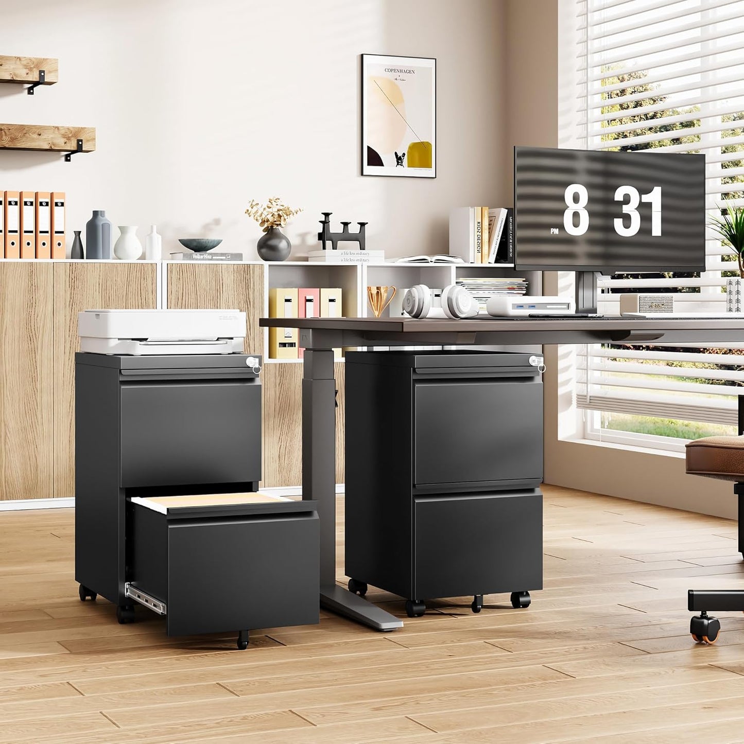 2 Drawer Locking Under Desk Metal Storage Cabinet on Wheels for Legal/Letter/A4 Files (Fully Assembled, Black)