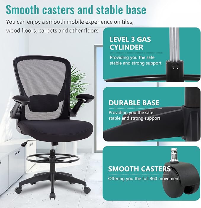 BestOffice Drafting Chair Tall Office Chair with Adjustable Foot Ring and Flip-Up Arms Computer Standing Desk Chair Executive Rolling Swivel Chair for Office & Home