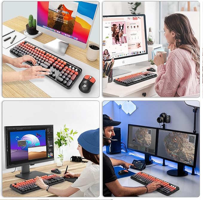 Wireless Keyboard and Mouse Combo, 2.4 GHz Full-Sized Typewriter Keyboard and Mouse Wireless with Round Keycaps for Windows, Computer, Desktop, PC, Laptop (Black Orange)