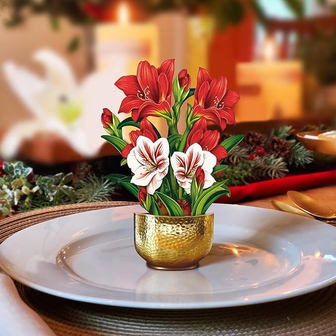 Freshcut Paper Pop Up Cards, Mini Scarlet Amaryllis, 6 Inch Mini Sized Forever Flower Bouquet 3D Popup Greeting Cards, Christmas Card, Holiday Card, Blank Notecard & Envelope